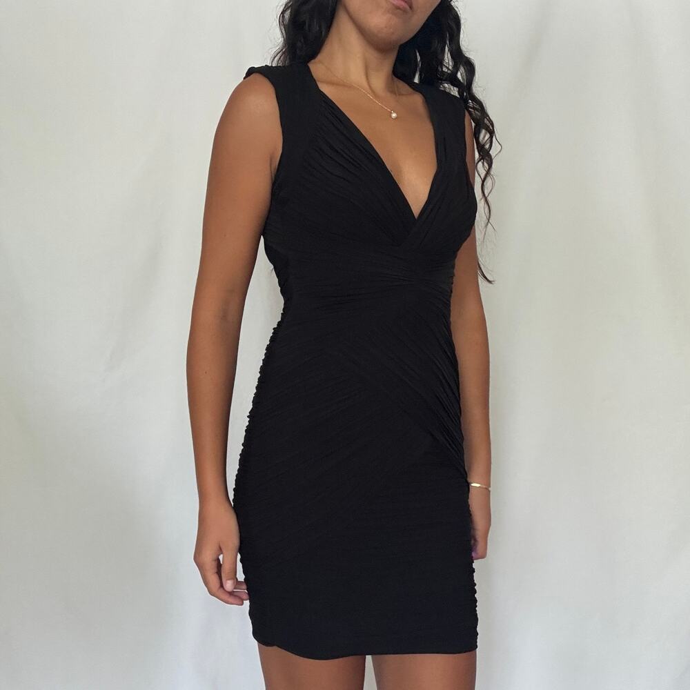 BCBGMAXAZRIA Black Ruched Bodycon Mini Dress Open Back Cocktail Club